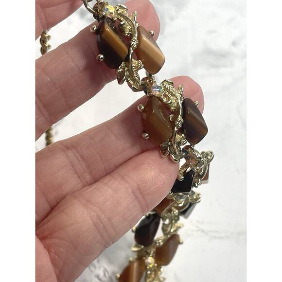 Thermoset Lucite Choker Necklace w AB Stones Tigers Eye Effect Mixed Root Beer - Picture 7 of 12